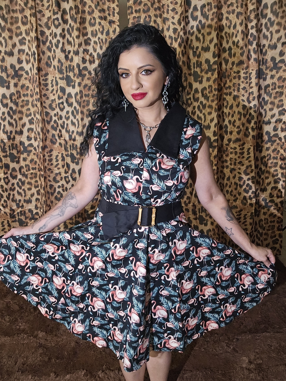Banned Retro Black Dress with Pink Flamingo & Mint Leaf Print